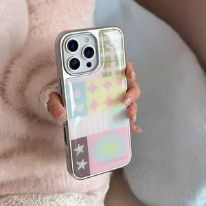 Cute Patchwork Design Phone Case for iPhone 17 16 15 14 13 12 11, Glossy Resin Electroplating, Stylish and Durable Mobile Cover