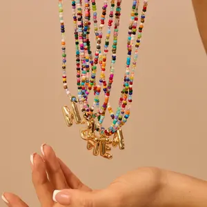 Colorful Letter Necklace for Women Bubble Initial Letter Handmade Beaded Necklace Dainty Cute Beach Personalized Necklace for Mother's Day Gift