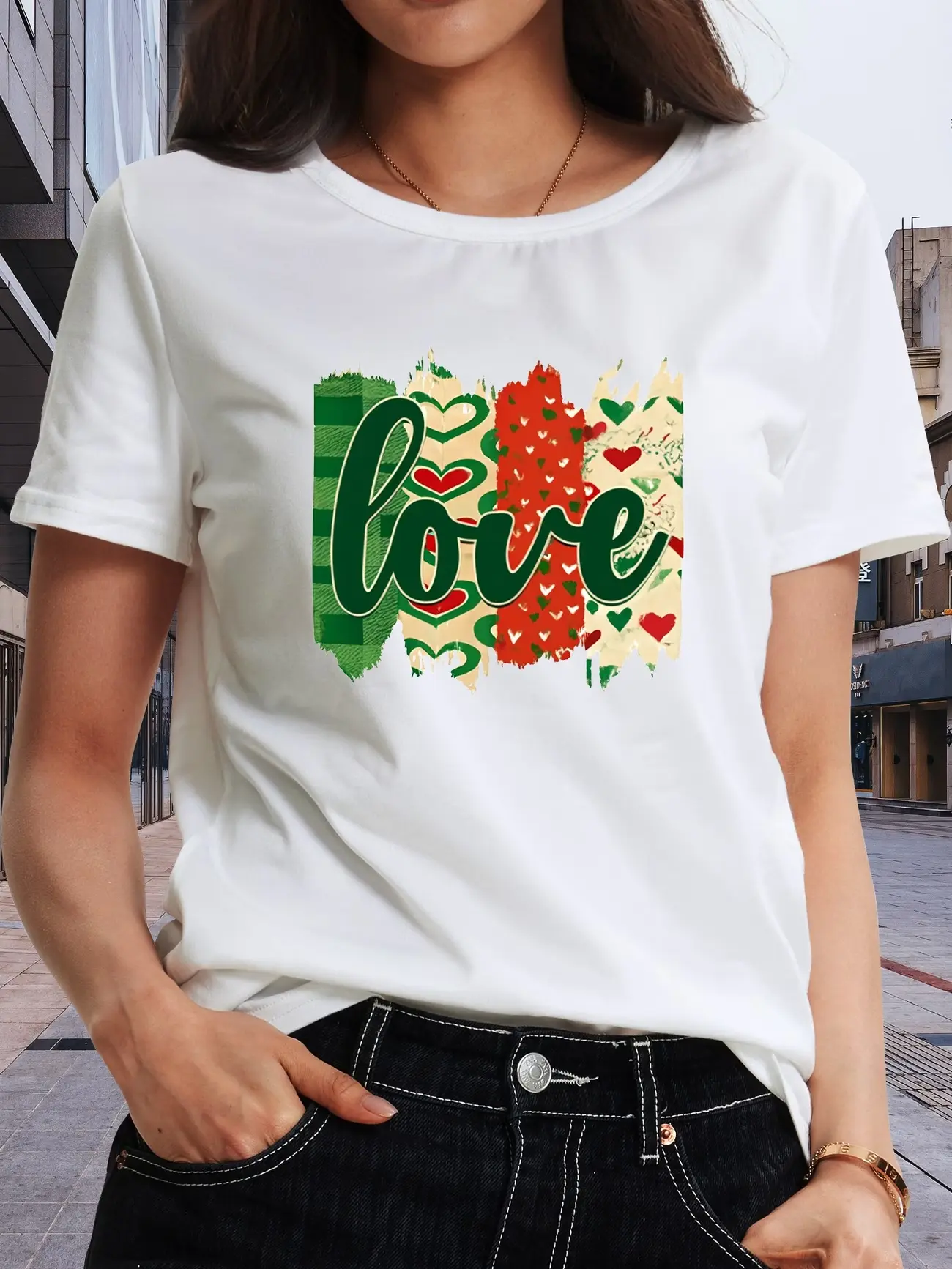 Valentine'S Day Love‑Themed Short‑Sleeve Top | Green With Red Love Pattern, Ideal For Date Nights, Essential Valentine'S Day Outfit, Perfect For Spring And Summer, Casual Style, Crew Neck
