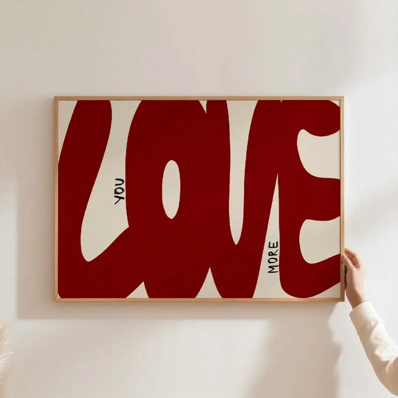 Love you Art Print Retro Hand Drawn Red Poster Cool Apartment Art Aesthetic Living Room Wall Decor Positive Above Bedroom Trendy Decor