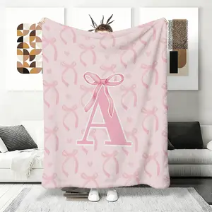 Pink Ribbon Alphabet Blanket A-E Embroidered Creates Cherished Keepsake Ultra Soft Flannel For Snuggle Sessions Special For Newborn Moments Baby Throw Blanket cozy warm coquette bow throw blanket girl gift nap,bedding
