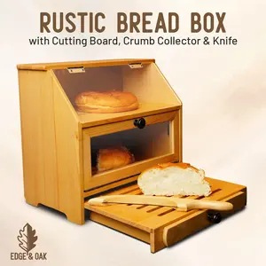 All in One Rustic Bread Box with Bread Cutting Board, Crumb Collector, Bread Knife | Non-Toxic Food Organizer & Housewarming Gift for Mom