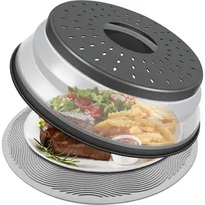 10 Inch Microwave Food Cover & Collapsible Silicone Mat - Splatter Guard, Plate Holder & Kitchen Colander for Meal Prep, Charcoal