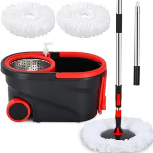 Spin Mop and Bucket with Wringer Set on Wheels, 360 °   Spinning Mop Bucket System with 3 Microfiber Mop Replacement Heads and 61" Stainless Steel Adjustable Handle for Floor Cleaning