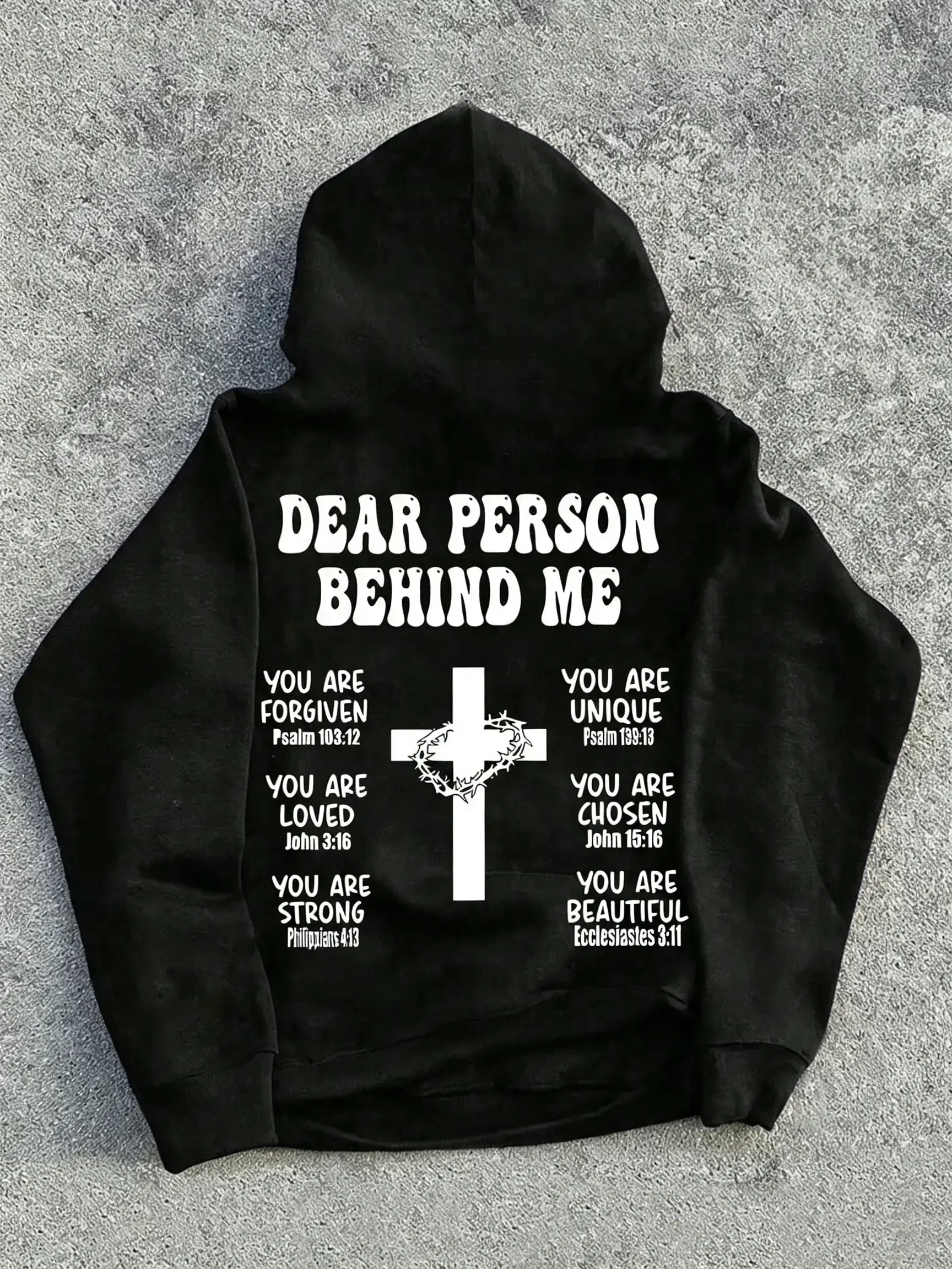 Christian hoodie sweatshirt with a Bible verse print featuring a cross on the back, oversized fit, unisex, American retro casual jumper, "Dear Person Behind Me"