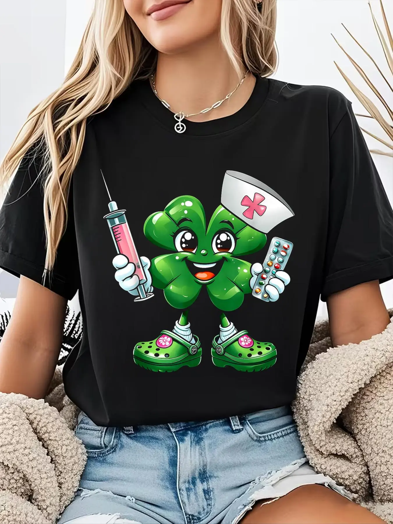 100% cotton Saint Pattys Scrub St Patricks Day Nurse Shamrock Women T-Shirt Casual Printed 100% Cotton Women T Shirt, Summer Tshirts Short Sleeve Graphic Tee Women Tops