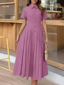 Women's Casual Minimalist Basic Wear Solid Color Dress, Collared Short Sleeve Midi Shirt Dress, Perfect for Daily Commuting, Fitted Pleated Design, Casual Fashionable Dress, Womenswear