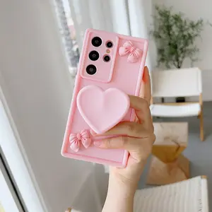 Pink 3D large heart-shaped support frame with butterfly bow frosted soft full coverage shockproof protector Protective protection smartphone case suitable for Samsung A13 A54 A55 A52 S24 Ultra S24 S21/S22/S22 Ultra/GalaxyS24U/S25U Casing