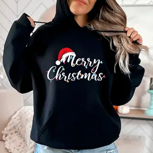 Women's Patterned Hoodie - 'Merry Christmas' Santa Hat Print, Black Cotton Knit Sweatshirt, with Front Pocket, Breathable and Slightly Stretchy
