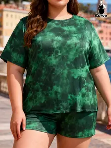 Plus Size Women's Sleepwear Pajama Set, Summer Casual Tie Dye Print Round Neck Short Sleeve & Shorts Home Wear 2 Piece Set, Casual Comfy Pyjama