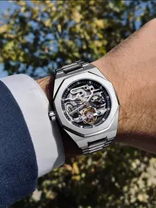 Men's Luxury Automatic Mechanical Watch, Mechanical Movement, Hexagonal Frame Design, Durable, Stainless Steel Strap, Perfect Gift, Transparent Dial, Precision Watch, No Battery Needed