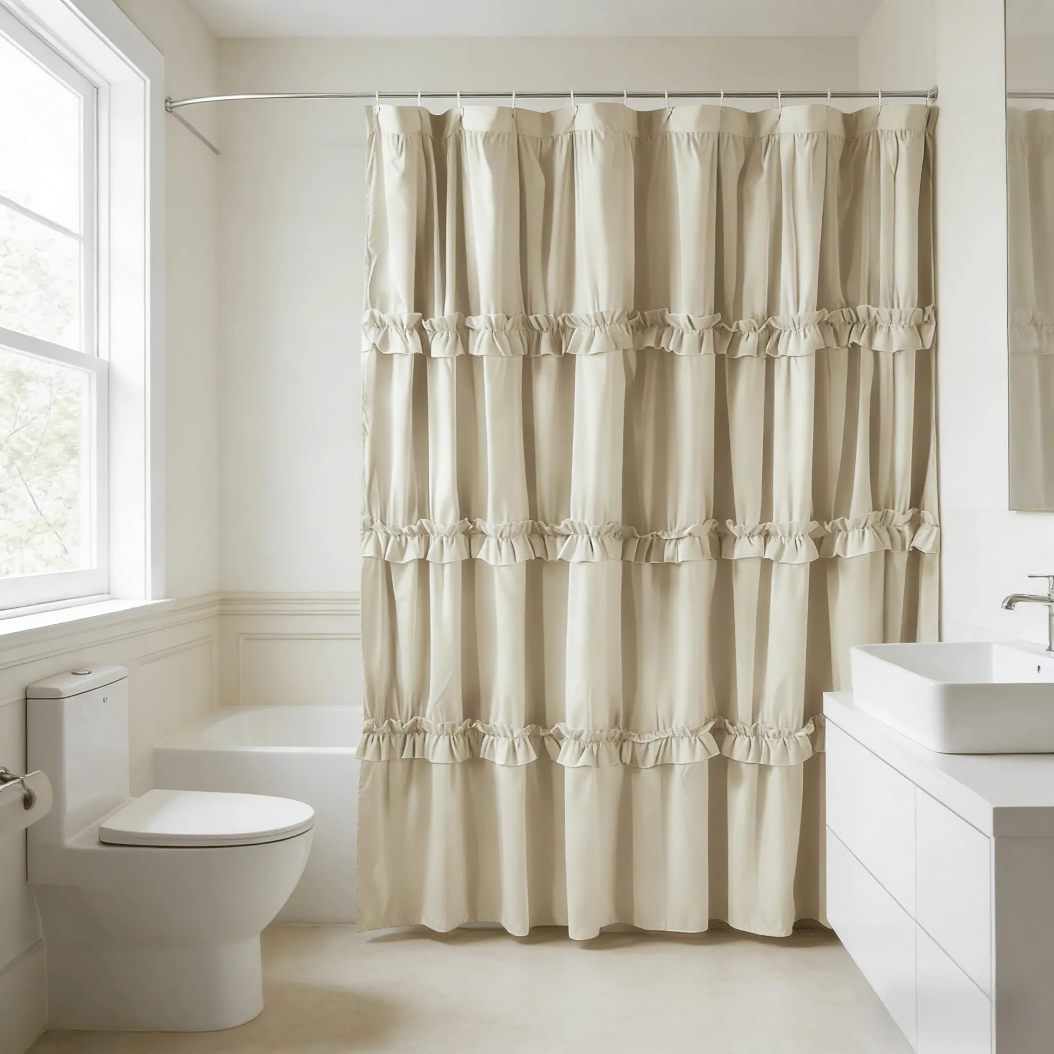 Ruffled Fringe Aesthetic Pretty Shower Curtain, 72x72 Inch Polyester Fiber, Artistic Patchwork Design, with Eyelets for Hanging, Bathroom Decor, Bathroom Accessory, Home Goods