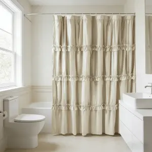 Ruffled Fringe Shower Curtain, 72x72 Inch Polyester Fiber, Artistic Patchwork Design, with Eyelets for Hanging, Bathroom Decor