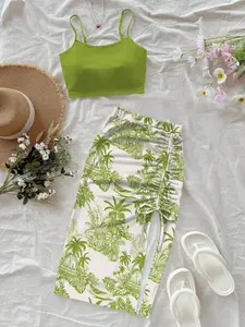 Women's Casual Floral Print Spaghetti Strap Camisole + Slim-Fit Skirt Set, Elegant Summer Vacation, Leopard Pattern, Slim-Fitting Style