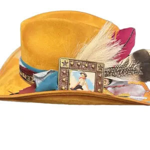 Cowgirls Sunshine Beautiful Unique One of a Kind Yellow Cowgirl Hat in Cotton Polyester Blend with Vintage Belt Buckle Leather Ribbon and Feathers