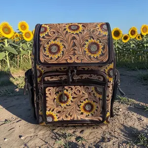 Fully Tooled Sunflower Western Backpack Genuine Leather Diaper Bag Personal Item carry-on luggage by Double B Wild Rags