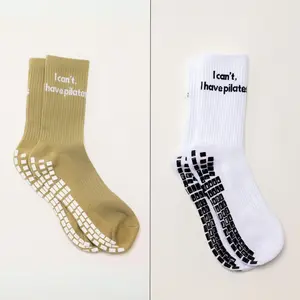 "I can't, I have Pilates" Grip Socks Bundle (2) - Crew Socks with Embroidery (Tan & White, Pink & Purple, Black & Grey) - Cute Grip Socks for Pilates, Barre, Lagree