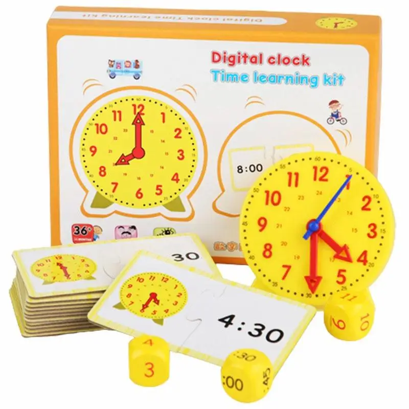 1 Set Time Teaching & Demonstration Clock Model, Including 1 Count Plastic Clock & 3 Counts Dices & 12pcs Double-sided Content Cards, Math Learning To