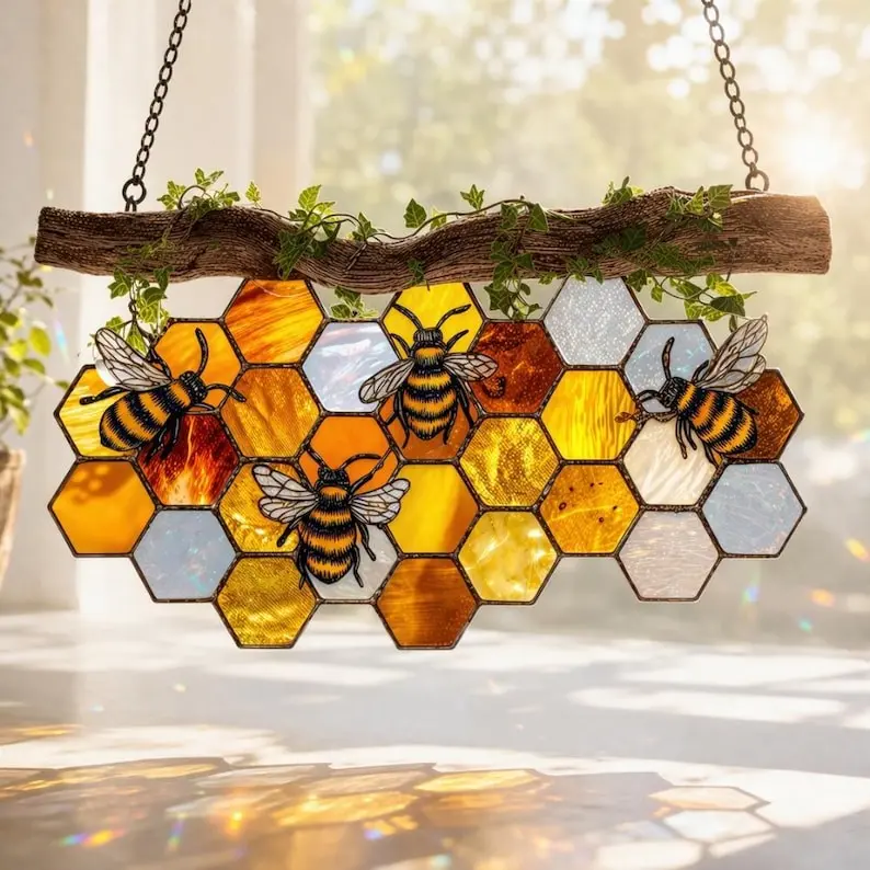 Beehive Honeybee Suncatcher, Nature Lover Gift, Bee Decor for Garden Kitchen, Nature Wall Decor, Bee Lovers Spring Home, Honeycomb Ornament