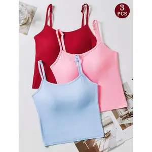 3pcsWomenPlainRibbedCamiVestCropTopWithPadding,CasualSexySleevelessUndershirtPieceFitWomenswearFabric