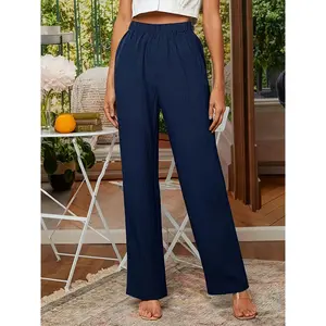 Women's Elegant Solid Color Stretch Waist Straight Leg Pants, Long Length, Slim Fit, Polyester, Casual Outfit, Middle Eastern Style, All-Season, Regular Fit, Plain Pattern, A-Shape, Long Pants
