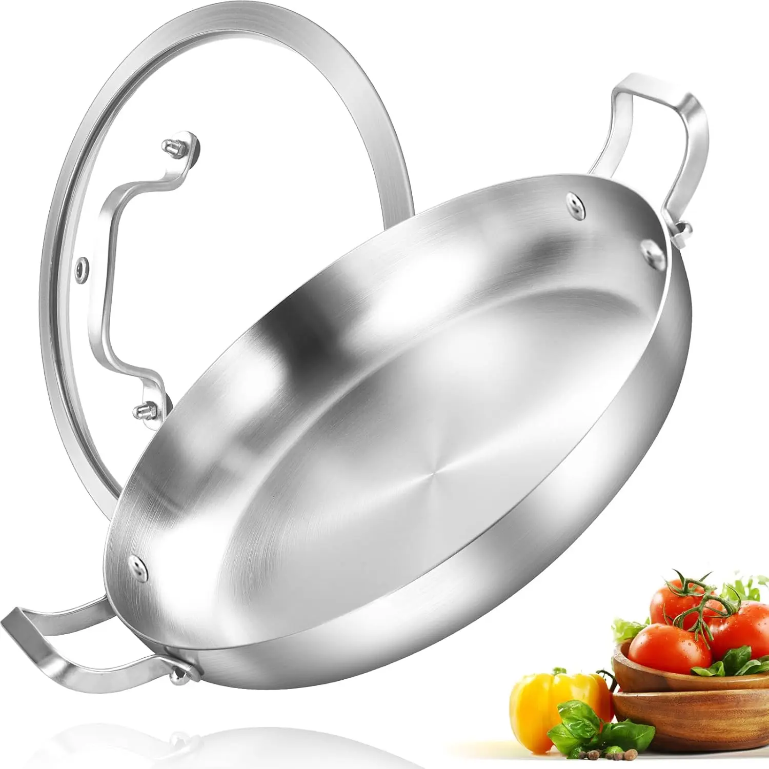 14 Inch Tri-Ply Stainless Steel Paella Pan with Lid, Large Cookware Skillet Omelet Griddle, Induction Compatible, Dishwasher & Oven Safe