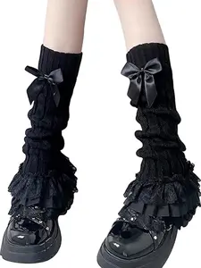 Women's Knit Cute Leg Warmers Y2K Bow Lace Trim Knee High Leg Sleeve Socks for Lolita Costume Party Accessory