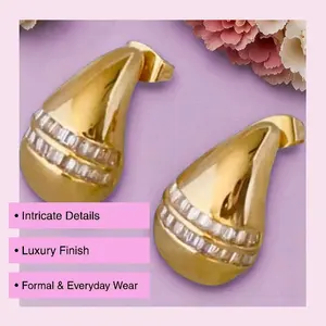 Trendy 18k Gold Plated Chunky Teardrop Stainless Steel Stud with CZ Jewelry Water Drop Earring for Women