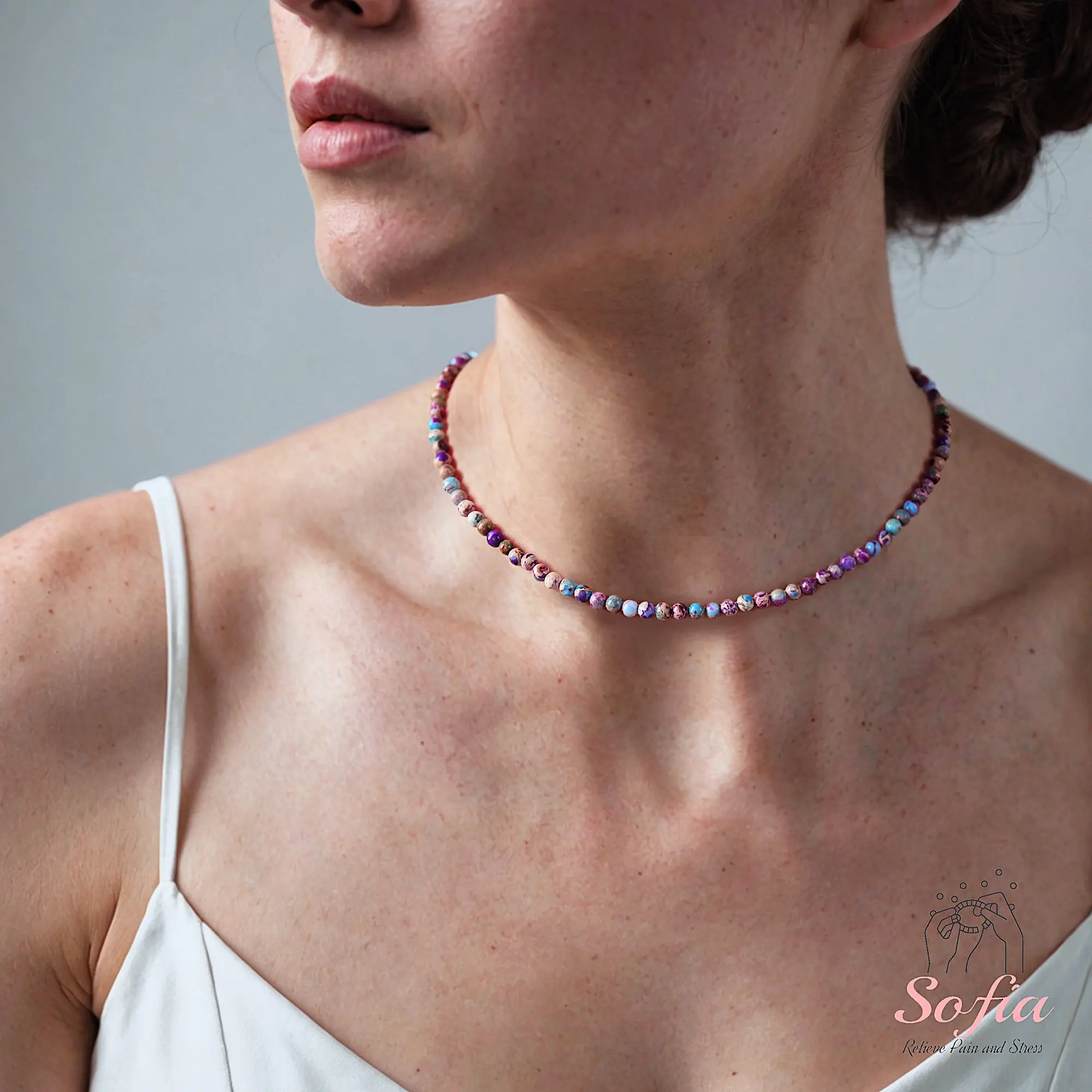 Delicate Sea Sediment Stone Beads Choker Necklace, Tiny Dainty Smooth Gemstone Beaded Necklace, Waterproof Crystal Beaded Choker, Dainty Minimalist Style for Women Handmade Adjustable, gift for her, Accessory Necklace, Adjustable Length Necklace