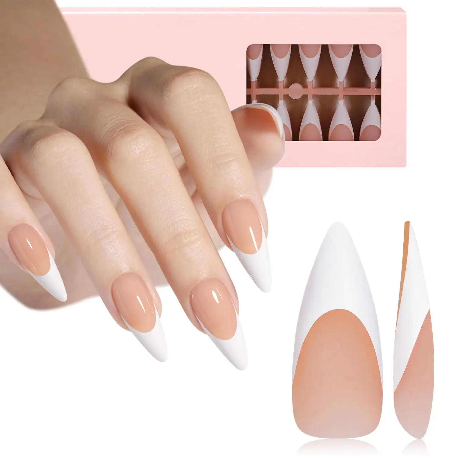 Feminine 180 Pcs Almond-Shaped Press-On Gel Nails for Women, Brown French Tip, Thickened Front Edge, 15 Sizes with Pre-Applied Primer & Base Coat