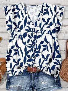 1 Piece Women's Summer Leaf Print V Neck Ruffle Sleeve Blouse, Shirts, Button Down Loose Casual Tunic Tops for Daily Vacation, Plus Size Elegant Streetwear