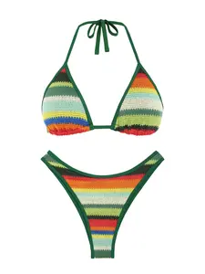ZAFUL Women's 2-Piece Colorblock Stripes Print Bikini Set - Halter Neck Triangle Swim Bra & Swim Panty for Beach Holiday Vacation, Colorblock Swimsuit