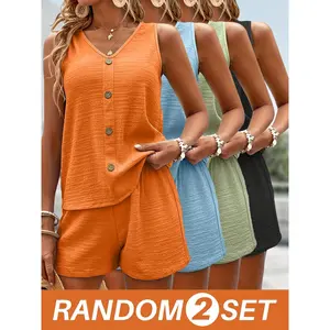 ELEGANT APPAREL CO. Women's 2-Piece Solid Casual Sleeveless V-Neck Single-Breasted Loose Vest & Shorts Clothes Set, Simple Texture, 4 Random 4-Color Hair Accessories, Suitable for Spring Summer Festivals, Women's Clothes
