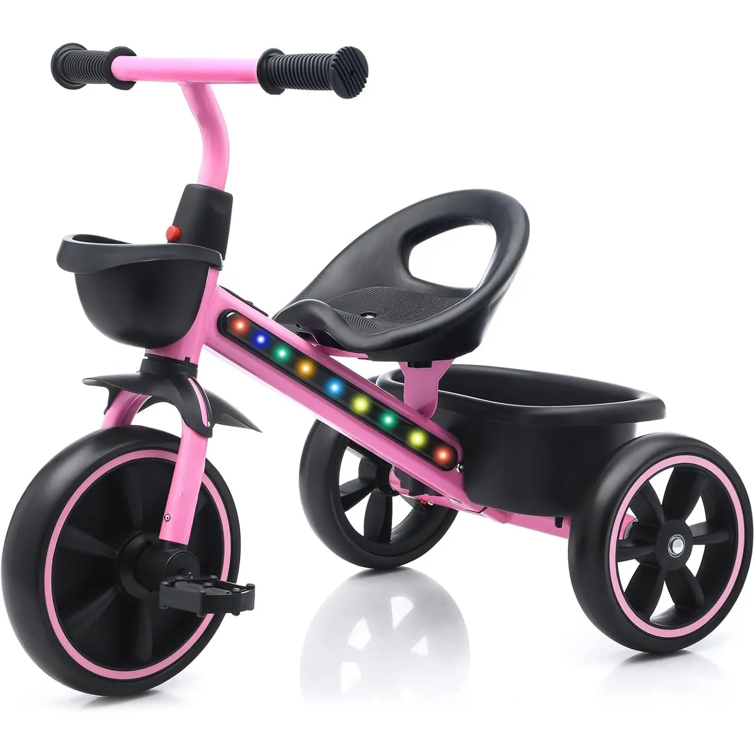 Playful Unisex Kids Tri-Light Tricycle for 1-3 Years Toddlers, Stable 3-Wheel Design, Colorful LED Lights, Storage Basket, Indoor-Outdoor Ride, Baby Gift