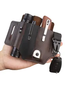 Premium Genuine Cowhide Leather Multitool Sheath | Handmade Stitched Belt Organizer for Flashlight, Pen & EDC Tools | Multi-Tool Holster Pouch with Keychain Clip Tool Storage Bag