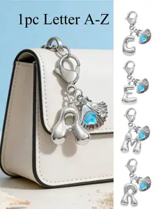 1PC Silver Bubble Letter A-Z Keychain For Women, Cute Alphabet Initial Charm With Shell & Blue Crystal Charm, Shiny Metal Letter Key Ring, Personalized Fashion Bag Charm, Handbag Backpack Purse Hanging Accessory, Car Keychain Decoration Ideal ForDaily Use