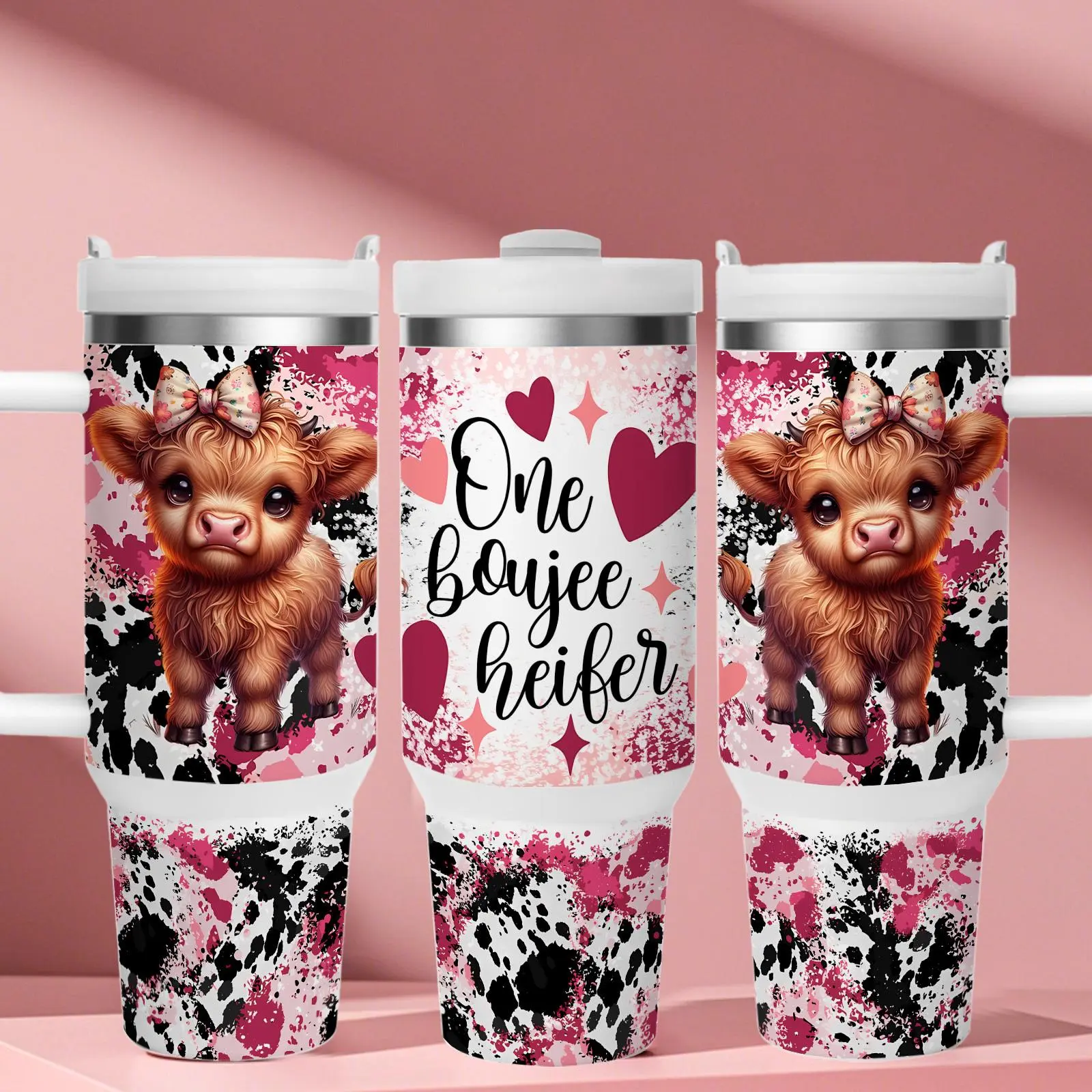 1 40oz "one boujee heifer" pink highland cow themed double wall vacuum thermos cup, 304 stainless steel, refrigerated for 24 hours, kept warm for 12 hours, great gift for birthday/Halloween/Christmas/Thanksgiving/Valentine's Day excellent