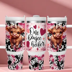 1 40oz "one boujee heifer" pink highland cow themed double wall vacuum thermos cup, 304 stainless steel, refrigerated for 24 hours, kept warm for 12 hours, great gift for birthday/Halloween/Christmas/Thanksgiving/Valentine's Day excellent