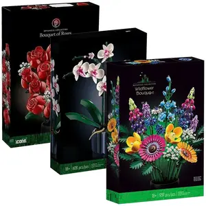 Artificial Rose Orchid Wildflower Potted Plant DIY Building Blocks Sets 3D Eternal Love Flower Model Home Decor Festival Gift Stem Building Blocks