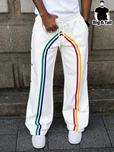 Men's Y2K Patchwork Drawstring Pants, Rainbow Stripe, Fitted Straight Leg, Hip Hop Style, Ideal Gift for Him, Fall & Winter Fashion