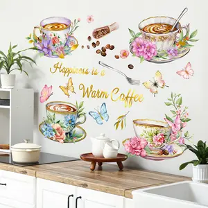 A set (30*30cm*4pcs) of new-style gold stamping craft gold-rimmed coffee cup, flower, butterfly and English art flat wall stickers for decorating and beautifying the background of kitchens, restaurants and cafes, TJ11061