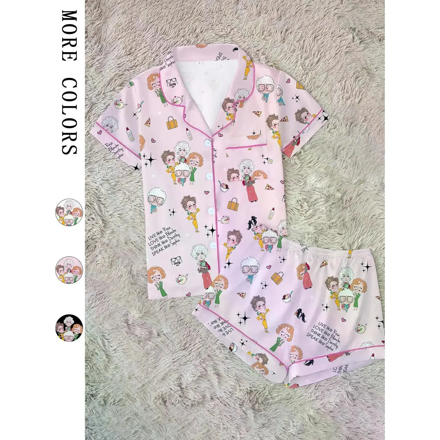 Golden Girls Theme Print Short Sleeve Shirt & Shorts Pajama Set, Casual Chic Polyester Loungewear, Comfortable Lightweight Nightwear for All Seasons, Perfect Party Gift Pajamas