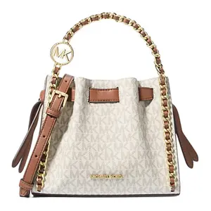 Michael Kors MK Mina Classic Monogram Chain-Quilted Polyurethane Tote Bag For Women In Vanilla White And Brown