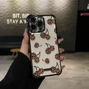 Leopard Cherry Pattern Four-corner drop-proof TPU phone case for iPhone 17 pro max  iPhone 16 15 14 Pro Max 13 12 11 XR XS Plus fashion shockproof full camera protection durable slim silicone case mobile phone case,durable phone accessory