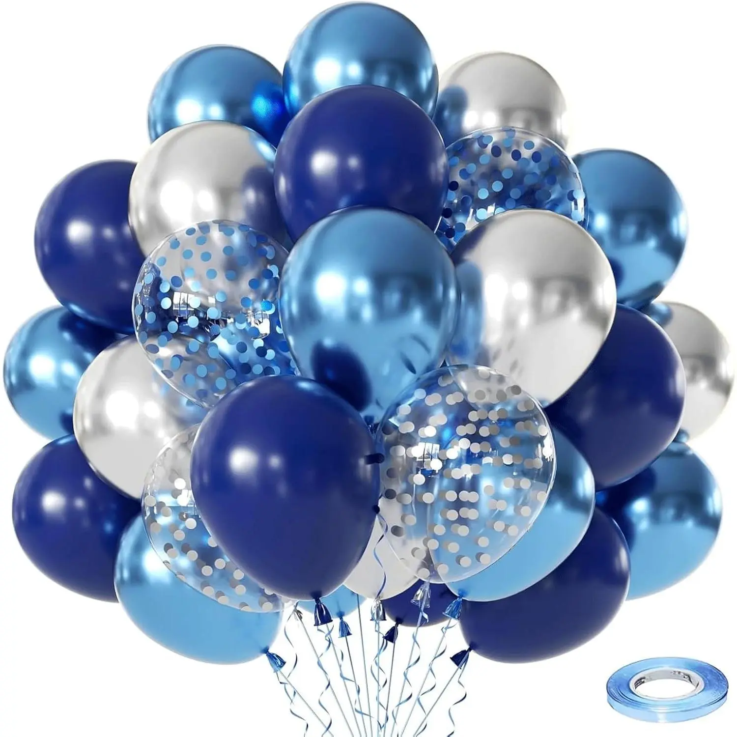 Blue and Silver Balloons Set, 60 PCS 12In Metallic Blue Silver Confetti Balloons and Navy Blue and Silver Latex Balloons Arch Kit for Wedding Graduation Anniversary Wedding Decorations