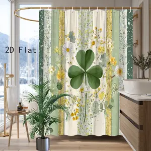 1pc St. Patrick's Day Shower Curtain Bathroom Curtain - Green Clover Shamrock Floral Bath Tub Curtain with 12 Hooks, Machine Washable, Irish Bath Décor Suitable for Bathtub Partition, 2D Flat