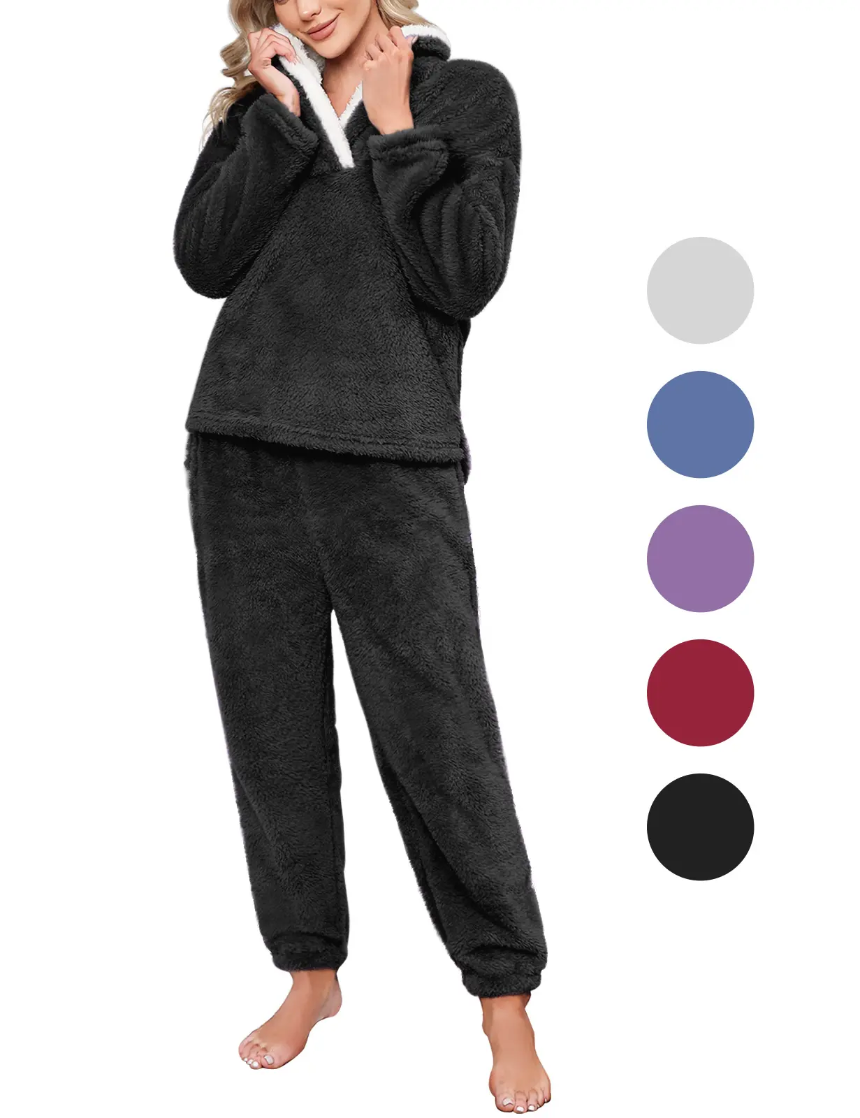 HEEKPEK Women's 2-Piece Longsleeves Warm Fleece Pajama Set - Pullover Faux Sherpa Hoodie, Full Length Loose Pants, Casual Comfortable Fit Winter Loungewear, Machine Washable Nightwear, Basic