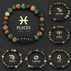 Zodiac Sign Natural Stone Bead Bracelets for Women & Men Natural Healing Gemstone Jewelry with Wish Card 12 Constellation Distance Prayer Blessing Bracelet