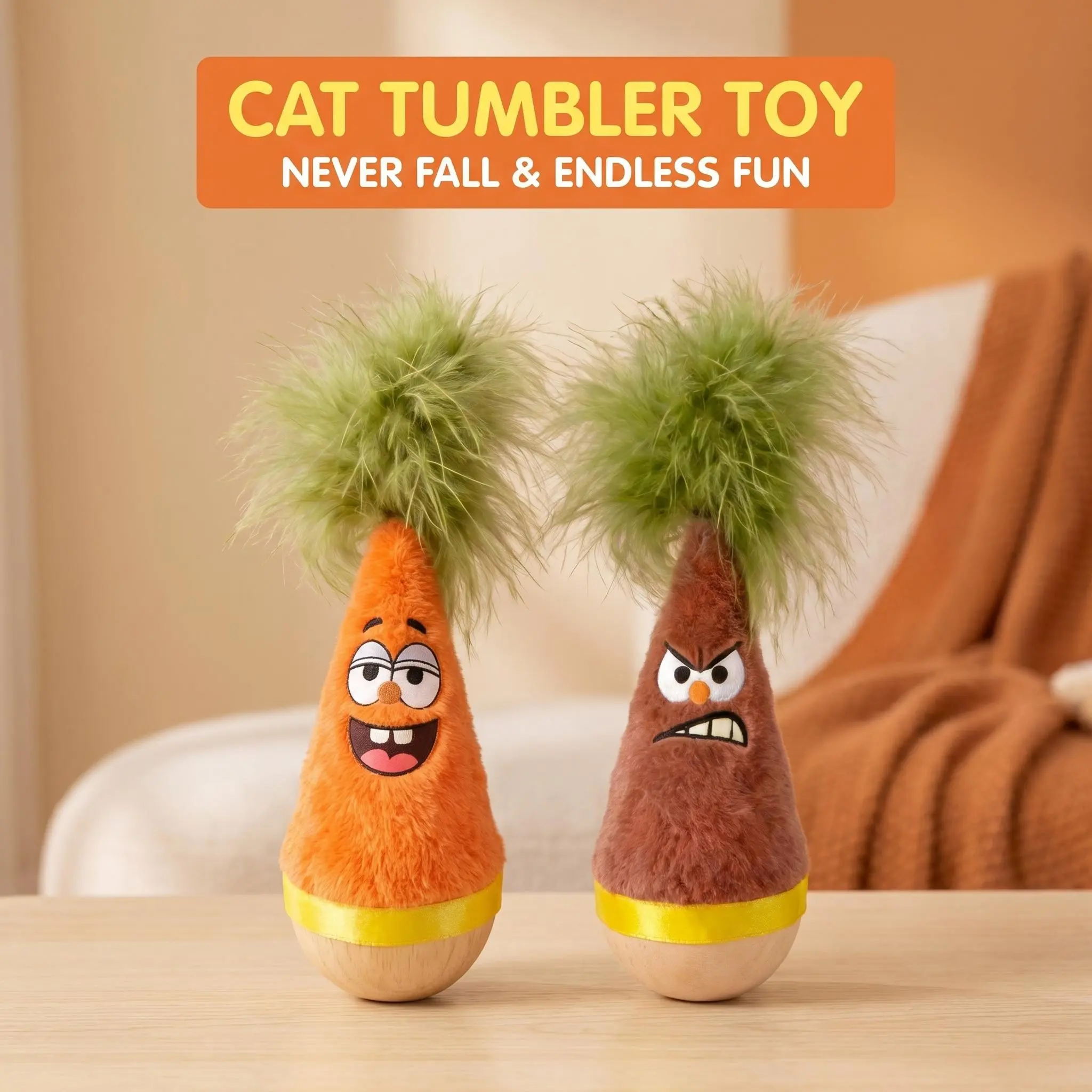 Cartoon Plush Cat Tumbler Toy - 18cm Height, 40g Weight, Bounce Back Feather, Interactive Self-Play Teaser, No Shedding, Prevents Couch Scratching, Happy Silly Boy Toy for Indoor Cats, 18Cm Total Height