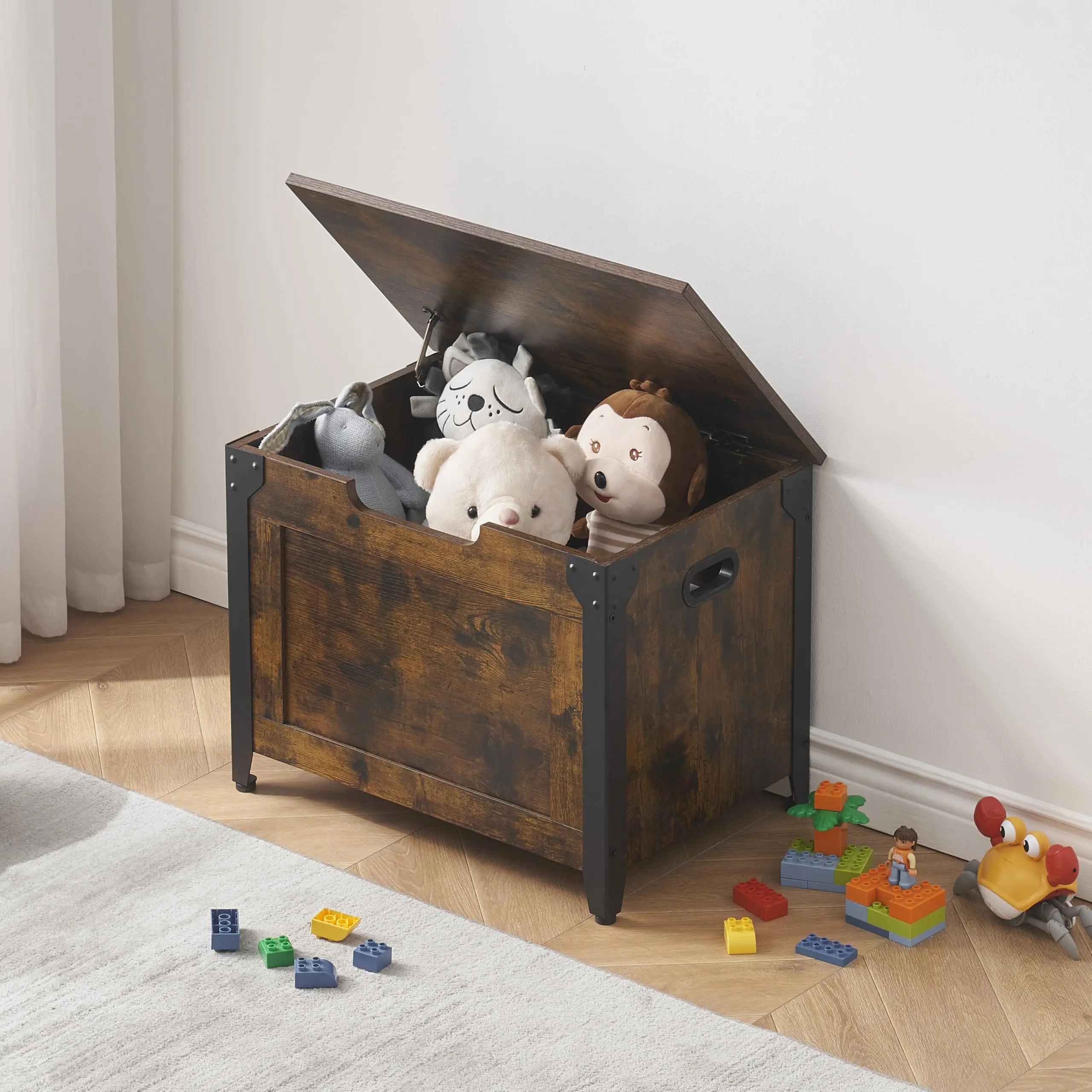 【GARVEE】Storage Chest - Farmhouse Style Wooden Storage Bench with Safety Hinge, Ideal for Entryway, Bedroom, and Living Room in Rustic Brown Finish